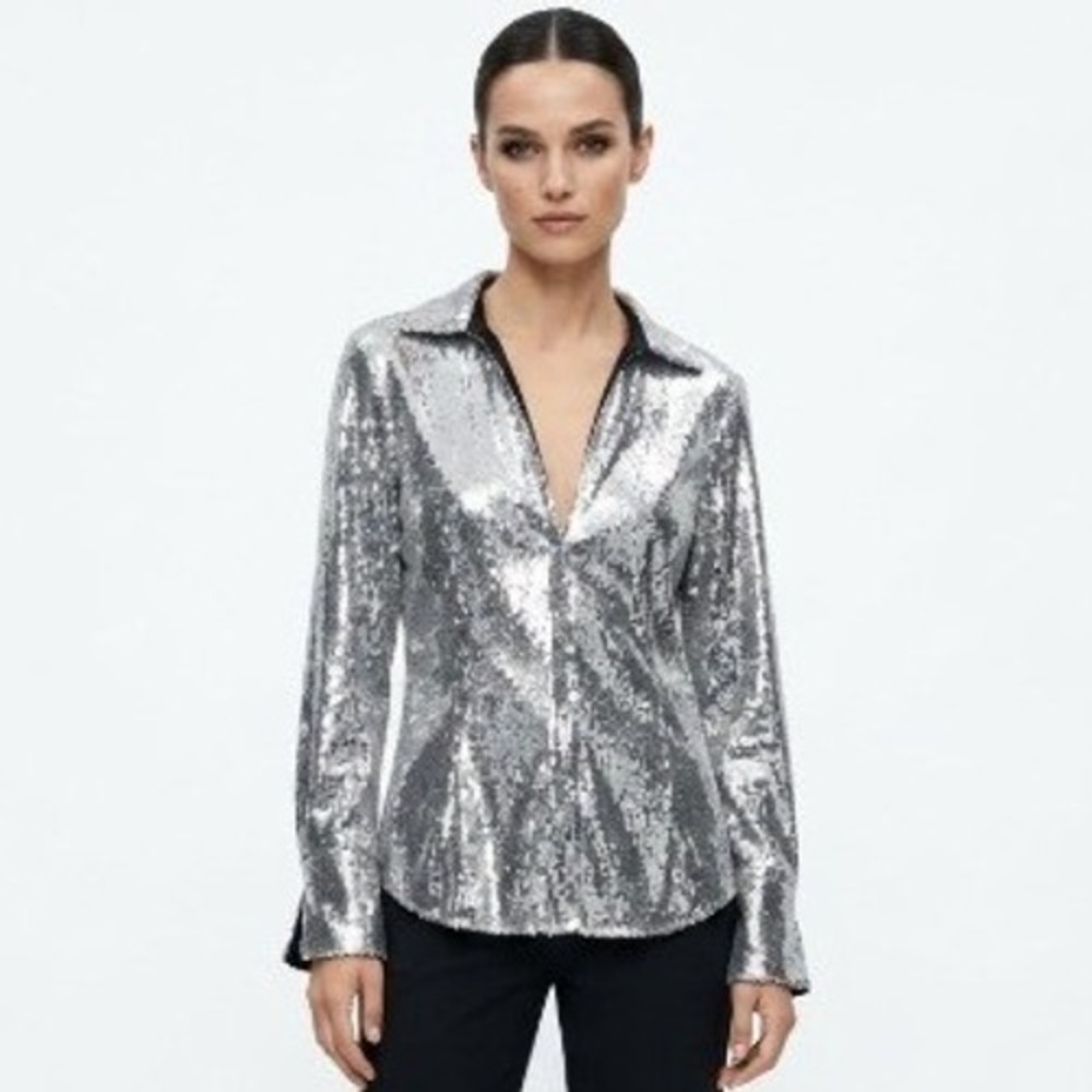 ZARA | Silver Sequin Top Evening Jacket | Festive Days Collection | SZ M